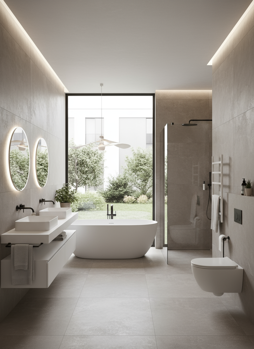 Firefly_Gemini Flash_erstelle ein modernisiertes badezimmer mit der Fliese Atlas Concorde Boost Icor Dust 843281